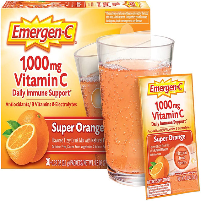 Emergen-C 1000Mg Vitamin C Powder, with Antioxidants, B Vitamins and Electrolytes, Vitamin C Supplements for Immune Support, Caffeine Free Fizzy Drink Mix, Super Orange Flavor - 30 Count