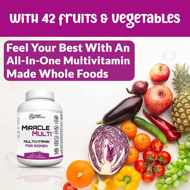 Miraclemulti Multivitamin Supplement for Women - Daily Vitamins and Minerals with Probiotics, Vitamin D3, Biotin, Folic Acid + 42 Fruit & Vegetable Blend - 60 Tablets