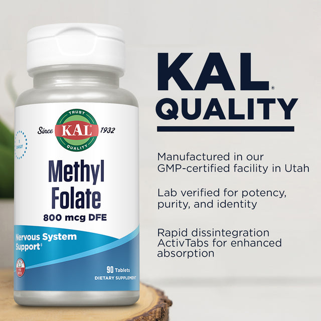 KAL Methyl Folate 800 Mcg | 5-MTHF Active Form | Healthy Heart, Mind, Mood & Prenatal Support | 90 Tablets