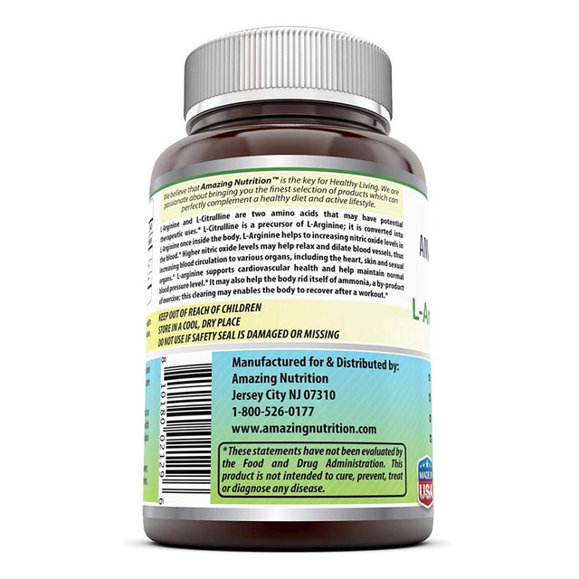 Amazing Nutrition L-Arginine/L-Citrulline Complex 1000 Mg Combines Two Amino Acids with Potential Health Benefits Supports Energy Production Ads (120 Tablets) (Non-Gmo,Gluten Free)