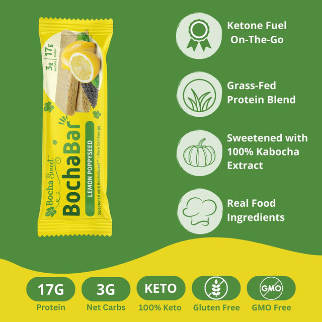 Bochasweet Keto Protein Bar, Lemon Poppyseed Bochabar, 17G Grass Fed Collagen, Low Carb, Keto-Friendly, Gluten Free, 4 Count