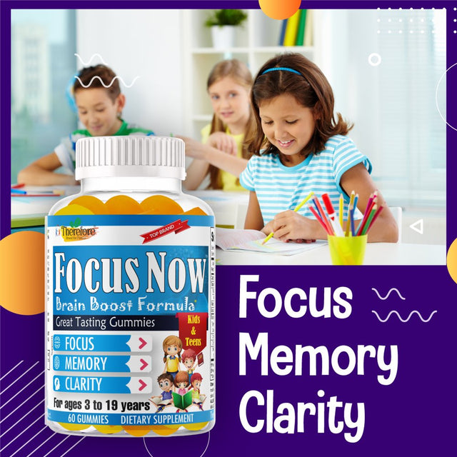 Focus Now Kids Brain Memory and Focus Supplements, Brain Booster Gummy Vitamins with Omega 3 for Teens & Youth 60Ct by Therefore