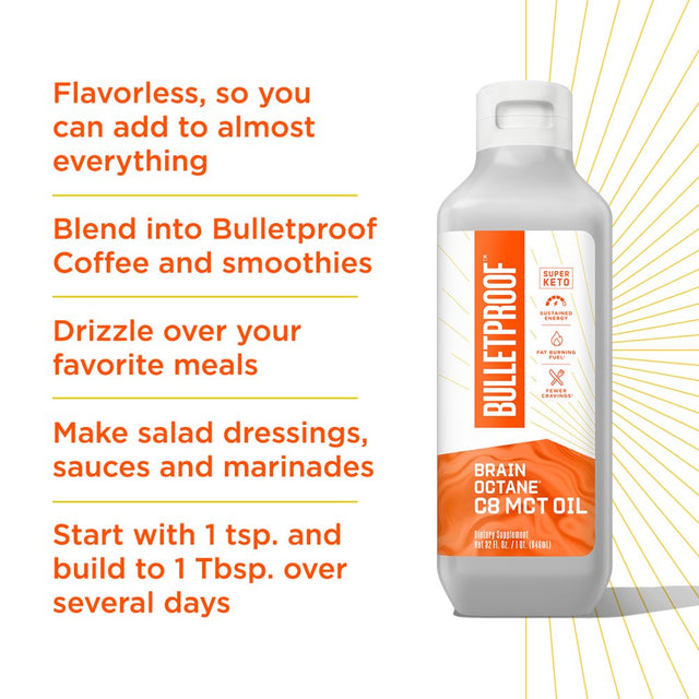 Brain Octane Premium C8 MCT Oil from Non-Gmo Coconuts, 14G Mcts, 32 Fl Oz, Bulletproof Keto Supplement for Sustained Energy, Appetite Control, Mental & Physical Energy, Non-Gmo, Vegan & Cruelty Free