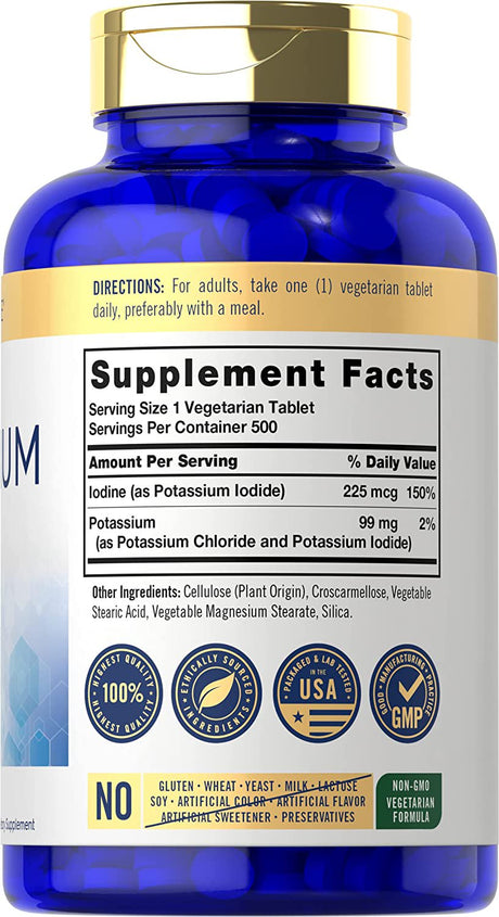 Potassium 99Mg | plus Iodine | 500 Vegetarian Tablets | Non-Gmo and Gluten Free Supplement | by Carlyle