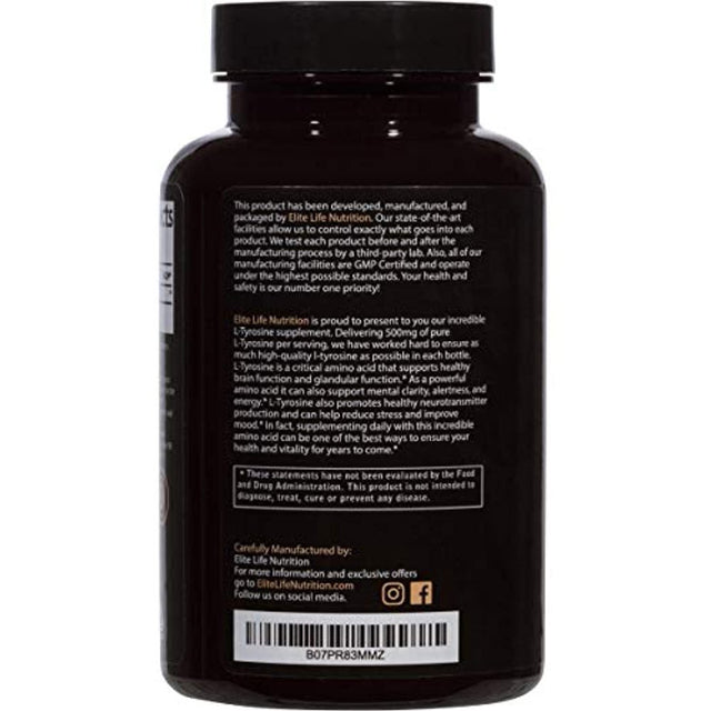 L-Tyrosine 500Mg - Best Tyrosine Supplement - Pure, Natural, and Vegan Amino Acid - Supports Healthy Brain Function, Stress, and Mood, plus Optimum Mental Clarity, Alertness, and Energy - 120 Capsules