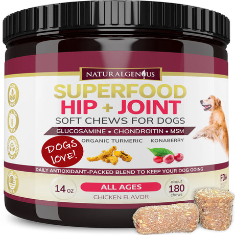 Glucosamine & Turmeric Hip and Joint Chews for Senior Dogs Pain Support 180 Superfood Treats