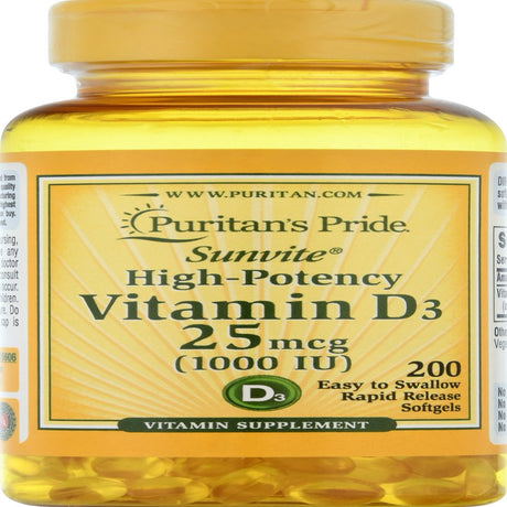 Puritan'S Pride High-Potency Vitamin D3 1000 IU, 200 Softgels