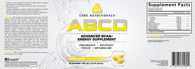 Core Nutritionals Platinum ABCD Advanced BCAA Energy Supplement, Improves Endurance, Recovery, and Focus 30 Servings (Lemon Drop)