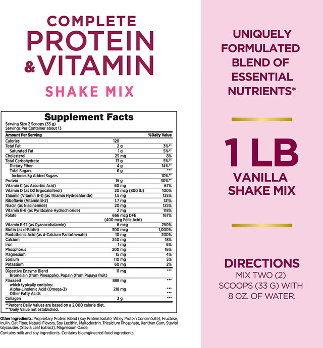 Nature'S Bounty Complete Protein & Vitamin Shake Mix with Collagen & Fiber, Contains Vitamin C for Immune Health, Vanilla Flavored,1 Pound (Pack of 1)