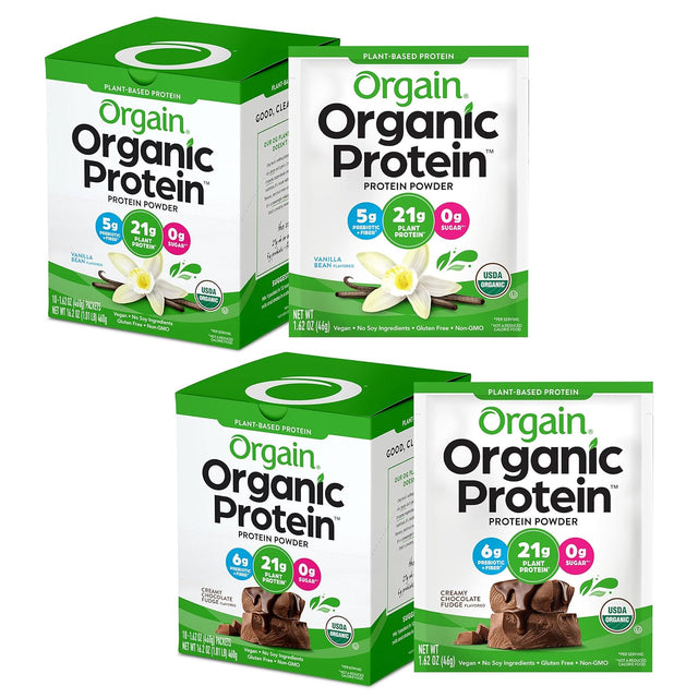 Orgain Organic Vegan Protein Powder Travel Packs - Vanilla Bean and Chocolate Fudge (10 Packets Each)