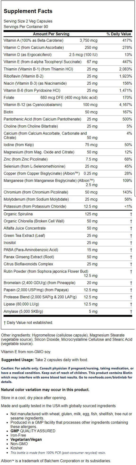 NOW Foods Ecogreen Multi, Iron-Free, 180 Veg Capsules