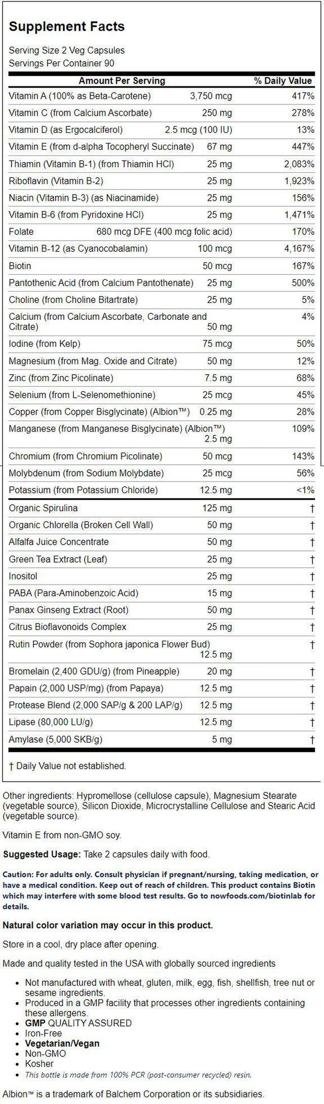 NOW Foods Ecogreen Multi, Iron-Free, 180 Veg Capsules