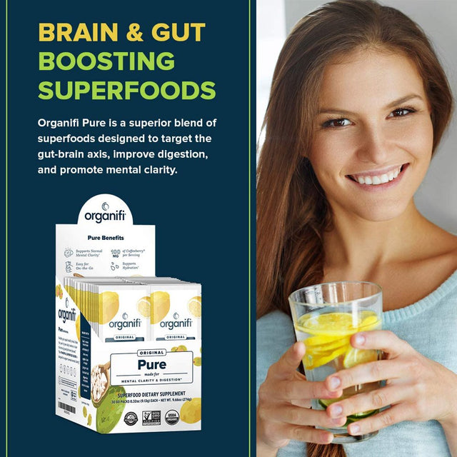 Organifi: Pure Smart Packs - Organic Brain Boost Superfood Solution Revitalize & Alkalize for Daily Mental Focu 30 Packets - Lemon Flavor (Box Open but Unused)