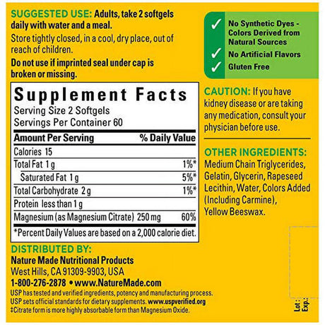 Nature Made Magnesium Citrate 250 Mg, Dietary Supplement for Muscle Support, 120 Softgels, 60 Day Supply