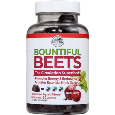 Country Farms Bountiful Beets Gummies, Circulation Superfood, Nitric Oxide, Heart Health, Black Cherry Flavor, 60 Gummies