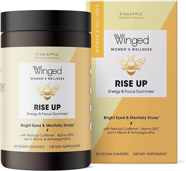 Winged Rise up Gummies | Energy & Brain Boost Supplement | Natural Caffeine, Ashwagandha & B12 for Energy | Nootropics Alpha-Gpc, Lion’S Mane & Huperzine a for Focus | Pineapple Flavor (30 Servings)