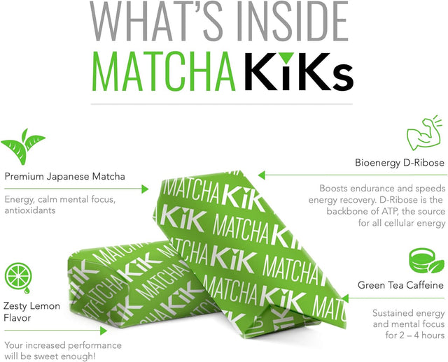 Matcha Kik Energy Chews - for Energy, Mental Focus, and Antioxidants. Healthy, Sport Chews with Premium Japanese Matcha Powder, D-Ribose and Green Tea Caffeine. 30 Servings.