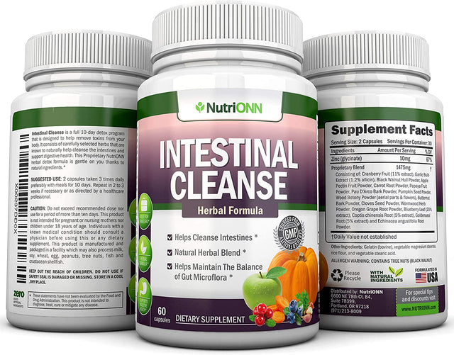 Intestinal Cleanse - All Natural Herbal Detox Formula - Full 10-Day Detox Program - Wormwood, Cranberry, Paul D'Arco, Goldenseal, Garlic, Black Walnut Hull, Echinacea and 10 Other Natural Ingredients