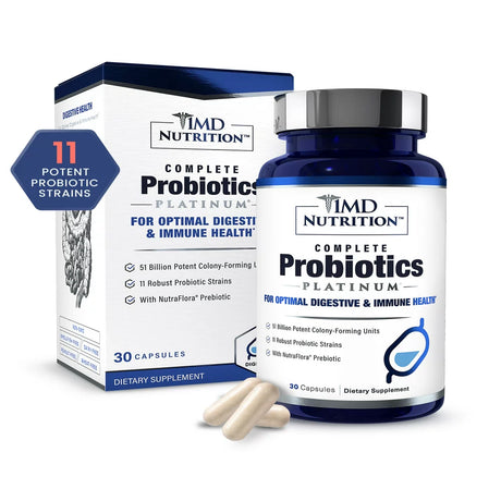 1MD Nutrition Complete Probiotics Platinum | Supports Digestive Health | with Nourishing Prebiotics, 51 Billion Live CFU, 11 Strains, Dairy-Free | 30 Vegetable Capsules