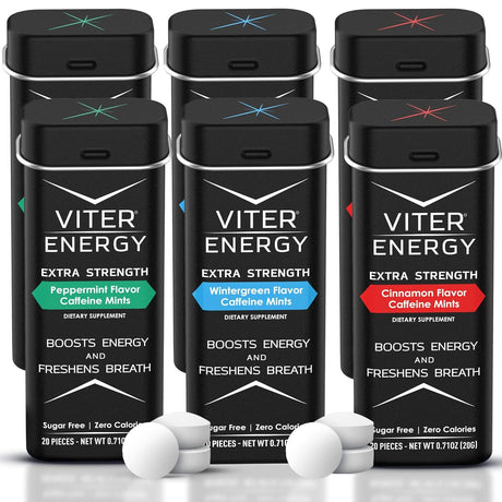 Viter Energy Extra Strength Caffeinated Mints 80Mg Caffeine, B Vitamins, Sugar Free. (Variety, 20Pcs, 6 Pack)