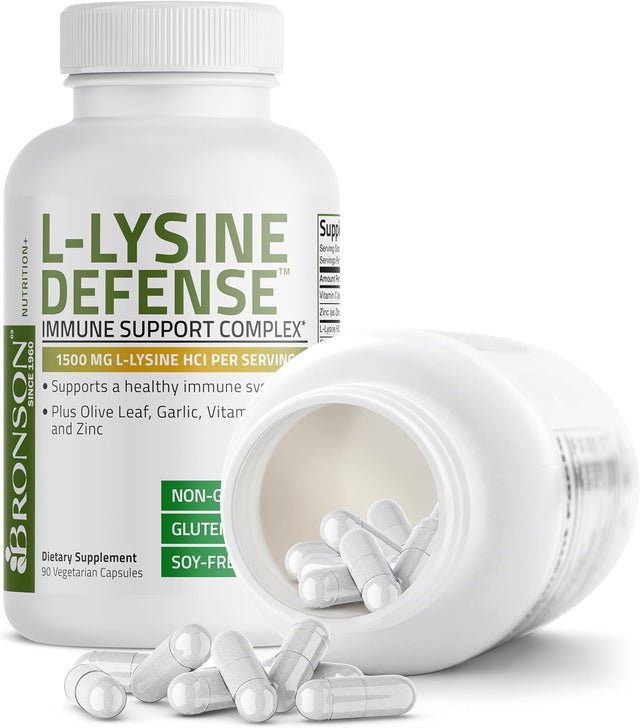 Bronson L-Lysine Defense Immune Support Complex 1500 MG L-Lysine plus Olive Leaf, Garlic, Vitamin C and Zinc - Non-Gmo, 90 Vegetarian Capsules