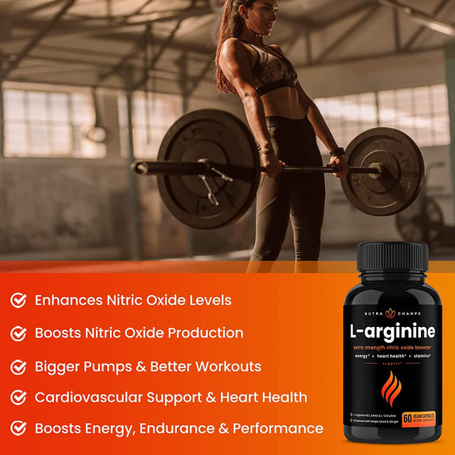 Premium L Arginine Supplement | 5-In-1 Nitric Oxide Supplement | L-Arginine Powder & L Citrulline Enhanced with Grape Seed & Ginger | Energy, Blood Flow, Heart Health & Stamina | 60 Vegan Capsules