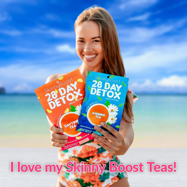 Skinnyboost 28 Day Detox Tea Kit-1 Daytime (28 Bags) 1 Evening (14 Bags) Non GMO, Vegan, All Natural Teas, Made with Green Tea and Herbal Teas for Natural Detox and Cleanse, Reduce Bloating