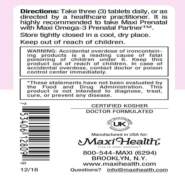 Maxi Health Kosher Maxi Prenatal Complete Formula - 90 Tablets