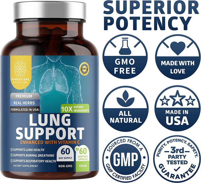 Number One Nutrition N1N Premium Lung Support Supplement [10 Potent Ingredients] Natural Lung Cleanse & Detox with Quercetin, Bromelain and Vitamin C to Help Support Respiratory Health, 60 Veg Caps