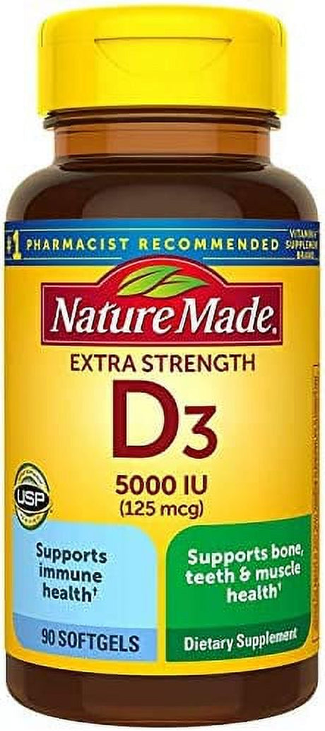 Nature Made Extra Strength Vitamin D3 5000 IU (125 Mcg), Dietary Supplement for Bone, Teeth, Muscle and Immune Health Support, 90 Softgels, 90 Day Supply 90 Count (Pack of 1)