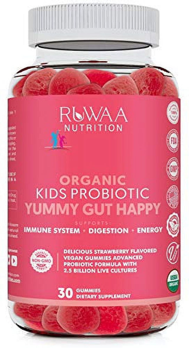 Kids Probiotic Gummies, Strawberry Flavor, Children'S Organic Probiotics, 2.5 Billion CFU, Digestive Health, Immune Support, Vegan, Gluten & Gelatin Free, 30 Gummies - Ruwaa Nutrition Yummy Gut Happy