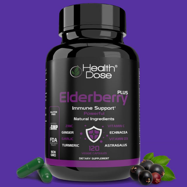 Elderberry plus 11 in 1 Defense Immune Support Booster by Health Dose, with Vitamin C, Zinc, Echinacea, Vitamin D, Turmeric Curcumin, Ginger, Odorless Garlic, Powerful Supplement, 120 Capsules 2 Month