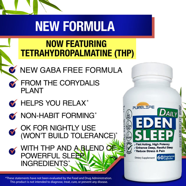 Purelife Supplements - Eden Daily Sleep [NEW GABA FREE FORMULA] – Fall Asleep Faster, Relax Your Muscles, Promote Deep and Restful Sleep (60 Vegan Capsules)