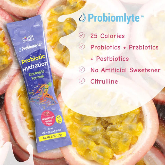 Probiomlyte Probiotic Hydration Amplifier. Electrolytes + Key Vitamins + Probiotics + Prebiotics + Postbiotics + Citrulline |Better Endurance, Performance, Energy, Gut Health| Passion Fruit |10 Sticks