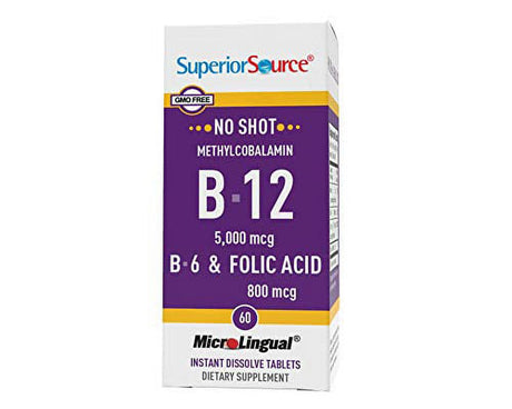 Superior Source No Shot Vitamin B12 Methylcobalamin (5000 Mcg), B6, Folic Acid, Quick Dissolve Sublingual Tablets, 60 Ct, Increase Energy, Healthy Heart, Boost Metabolism, Stress Support, Non-Gmo