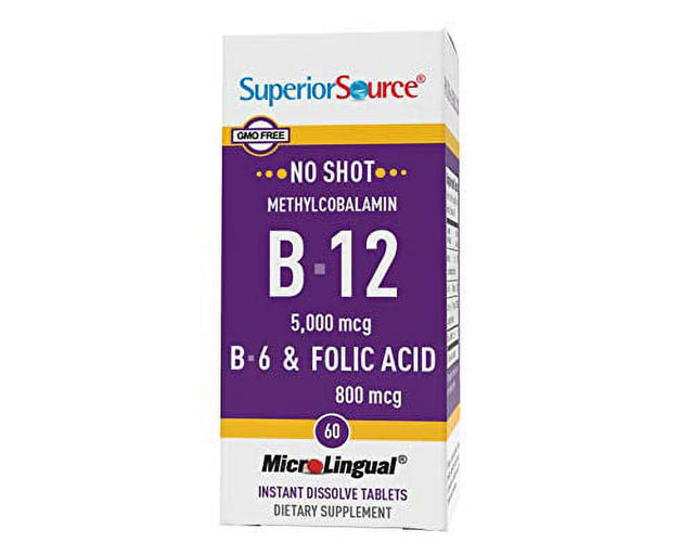 Superior Source No Shot Vitamin B12 Methylcobalamin (5000 Mcg), B6, Folic Acid, Quick Dissolve Sublingual Tablets, 60 Ct, Increase Energy, Healthy Heart, Boost Metabolism, Stress Support, Non-Gmo