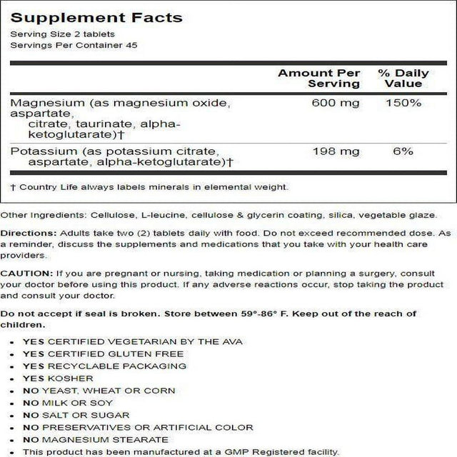 Country Life Target-Mins Magnesium, Potassium, Aspartate, 90 Tablets