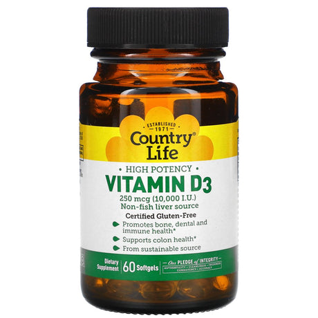 High Potency Vitamin D3, 250 Mcg (10,000 IU), 60 Softgels, Country Life