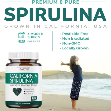 Healths Harmony California Spirulina Capsules (NON-GMO) 120 Vegetarian Capsules 500Mg - Blue Green Algae Superfood from Spirulina Powder Gluten Free & Non-Irradiated - No Tablets