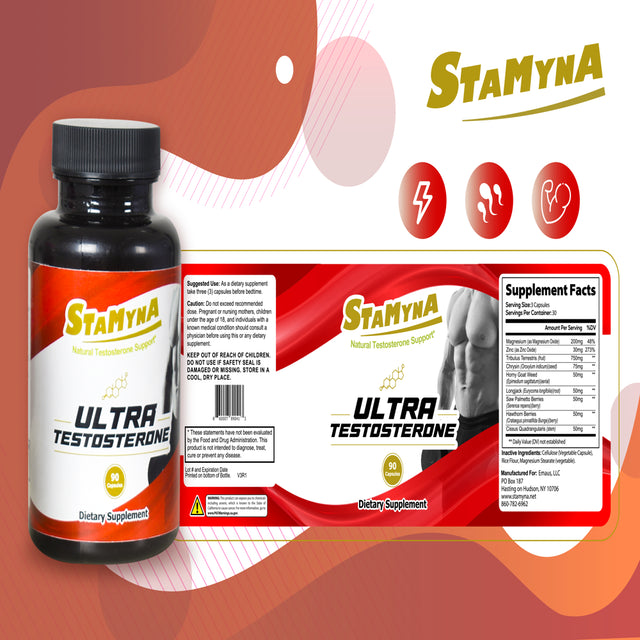 Stamyna Ultra Natural Testosterone Support Natural Vitamins, Minerals, and Herbs (Saw Palmetto, Horny Goat Weed, Long Jack, Tribulus Terrestris).