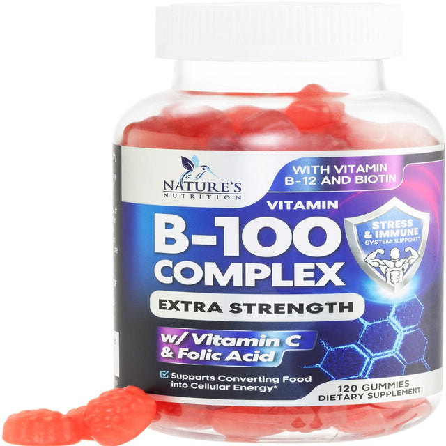 Super B Complex Gummies with Vitamin C & Folic Acid, Extra Strength Vitamin B Gummy Supplement with Niacin, B6, Folic Acid, B12, Biotin, Nature'S Energy Immune Support Supplements - 120 Gummies