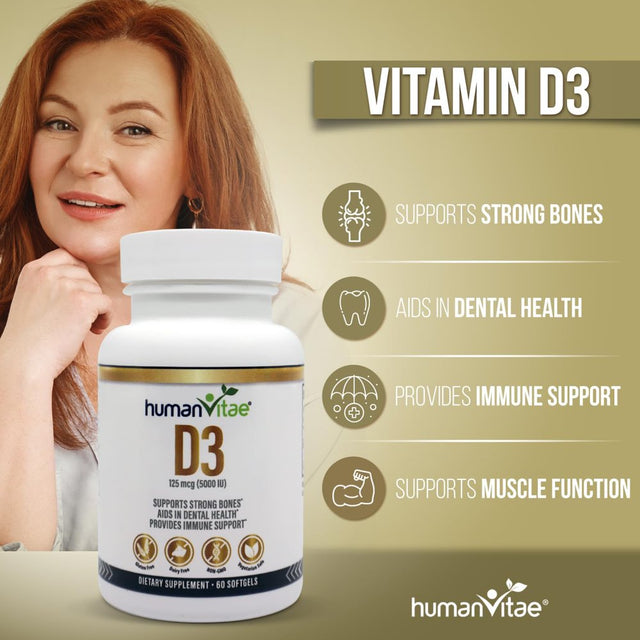 Human Vitae Vitamin D3 5000 IU - 60 Softgel Capsules for Immune Support and Bone Health