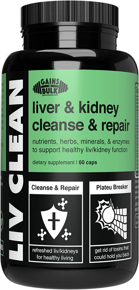 Gains in Bulk LIV Clean Liver and Kidney Cleanse & Repair | Supports Healthy Liver/Kidney Function | Fat and Toxin Reducing Beet Fiber Supplement | 60 Vegetarian Capsules