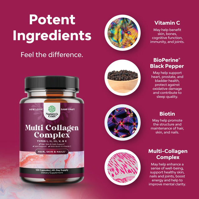 Advanced Multi Collagen Peptides Pills 120Ct - Biotin and Collagen Supplement with Bioperine and Hair Skin and Nails Vitamins for Women and Men - Multi Collagen Pills for Women with Types 1 2 3 5 & X