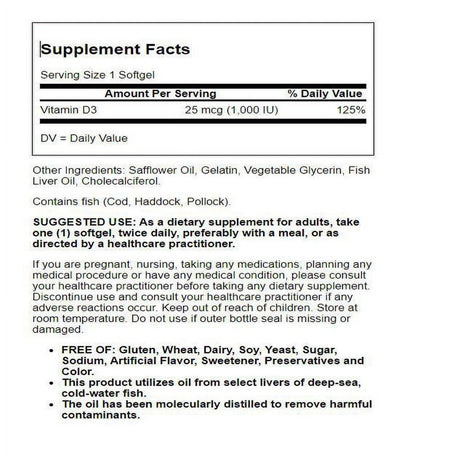 Solgar Vitamin D3 (Cholecalciferol) 25 Mcg (1000 IU) 100 Softgels