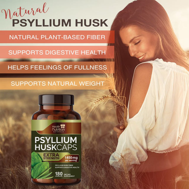 High Absorption Psyllium Husk Caps 1450 Mg, Natural Soluble Psyllium Husk Fiber Supplement, Non-Gmo Gluten Free Digestive Support, Psyllium Husk Powder Support Digestion & Regularity - 180 Capsules