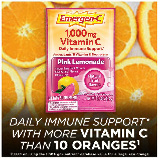 Emergen-C 1000Mg Vitamin C Powder, with Antioxidants, B Vitamins and Electrolytes for Immune Support, Caffeine Free Vitamin C Supplement Fizzy Drink Mix, Pink Lemonade Flavor - 30 Count/1 Month Supply