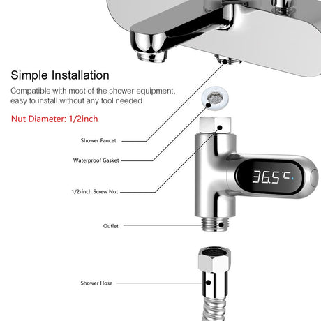 Led Digital Shower Temperature Display 0~100℃ Baby Bath Water Thermometer Celsius/ Fahrenheit Display 360° Rotating Screen for Home Kitchen Bathroom