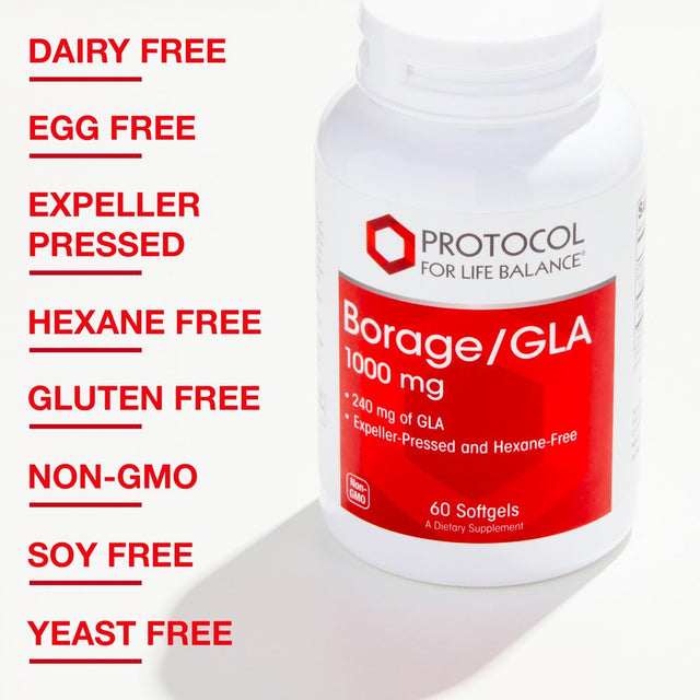 Protocol for Life Balance - Borage / GLA 1,000 Mg - Rich in Omega-6 Fatty Acids - Helps Reduce Inflammation, Supports Healthy Immune System, Joint Function, Hormonal Imbalances - 60 Softgels