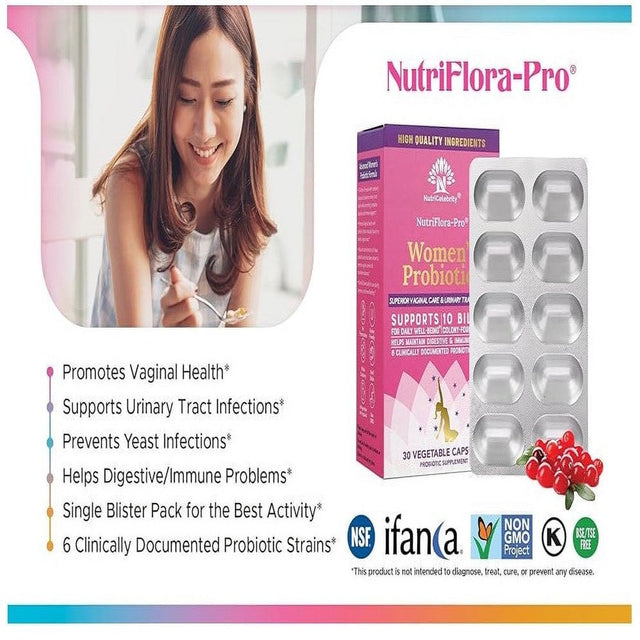 Nutricelebrity Nutriflora-Pro Probiotics for Women - Support Vaginal, Urinary Health (UTI), Digestive System, Period Pain, Yeast, and BV Relief, Cranberry Pills, 10 Billion CFU 6 Strains (30 Caps)